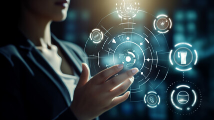 Obraz premium Achievement and Business Goal Success Concept - Creative business people with icon graphic interface showing employee reward giving for business success achievement Generative AI