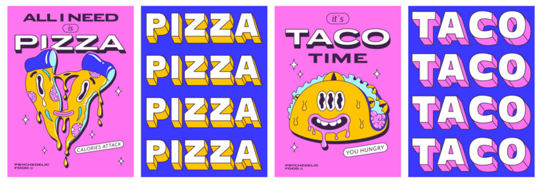 Trendy psychedelic posters set with funny fast food characters. Trippy pizza slice and crazy modern taco. Front and back side poster design. Vector illustration.