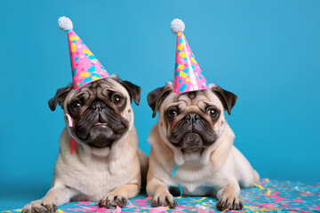 Pair of pug dogs with birthday party hats in front of blue background with confetti and balloons. Generative AI illustration