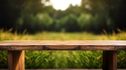 Naklejka premium A wooden table product display with lush green garden background of grass and blurred foliage