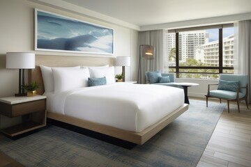 boutique hotel room with luxurious amenities, plush bedding, stylish furnishings, and panoramic views, offering a premium stay experience for discerning travelers - Generative AI