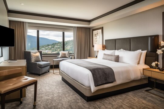 boutique hotel room with luxurious amenities, plush bedding, stylish furnishings, and panoramic views, offering a premium stay experience for discerning travelers - Generative AI