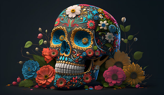 Hispanic heritage sugar skull marigold Festive dia de los muertos background generative ai 3d render digital illustration