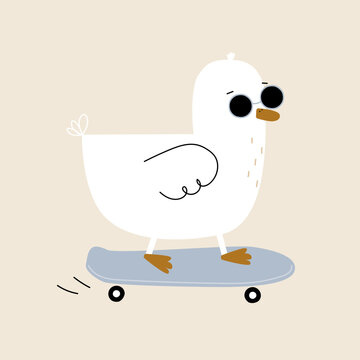 Funny duck skateboarder. Cartoon childish print. Vector hand drawn illustration. 