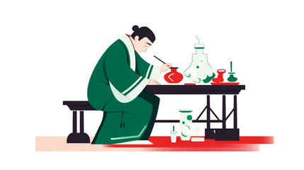 man experimenting in a laboratory, conceptual illustration, white background, in the style of dark green and red, influenced by ancient Chinese art