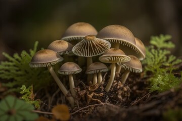 A close-up image of mushrooms in the New Forest near Brockenhurst, United Kingdom, growing on dead leaves. Generative AI
