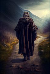 a medieval traveler in a cloak and hood walks along the path. ai generated