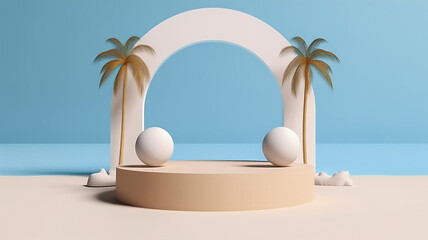 Podium and arch on the beach with palm trees and blue sky, summer product presentation