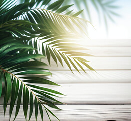 Summer background with green tropical palm leaves on white wooden table, Generative AI