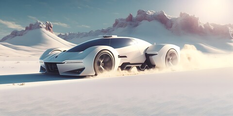 Fototapeta na wymiar Futuristic car in the snowy desert, generative ai
