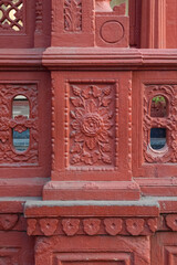 Decorative Pillar wall sculptures of Gurudwara Shri Guru Singh Sabha, Indore. Shri Guru Nanak Devji Sikh Gurudwara, Indore. Stone Carved Pillar wall sculptures. Indian Architecture.