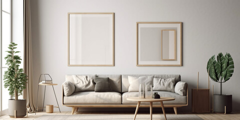 Fototapeta na wymiar one big mock up wall decor frame is hanging in minimal style, empty frame in living room.