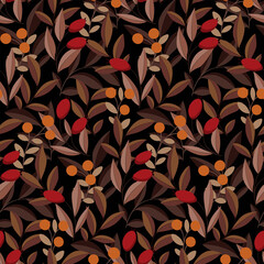 Seamless floral pattern, autumn botanical print with decorative art wild plants. Surface design with folk motif: small berries, branches with brown leaves on a dark background. Vector illustration.