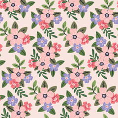 Seamless pattern, cute ditsy print with pretty decorative bouquets. Delicate botanical design with a spring meadow: small hand drawn flowers, leaves on a light background. Vector illustration.