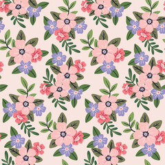Seamless pattern, cute ditsy print with pretty decorative bouquets. Delicate botanical design with a spring meadow: small hand drawn flowers, leaves on a light background. Vector illustration.
