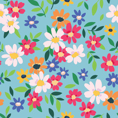 Seamless floral pattern, liberty ditsy print of pretty hand drawn chamomile. Cute botanical design for fabric, paper: colorful field, small flowers, tiny leaves on blue background. Vector illustration