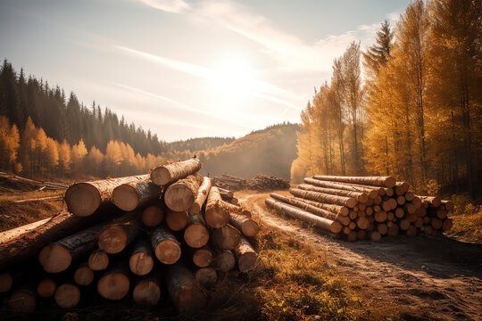 Stacks of logs in nature landscape - Generative AI