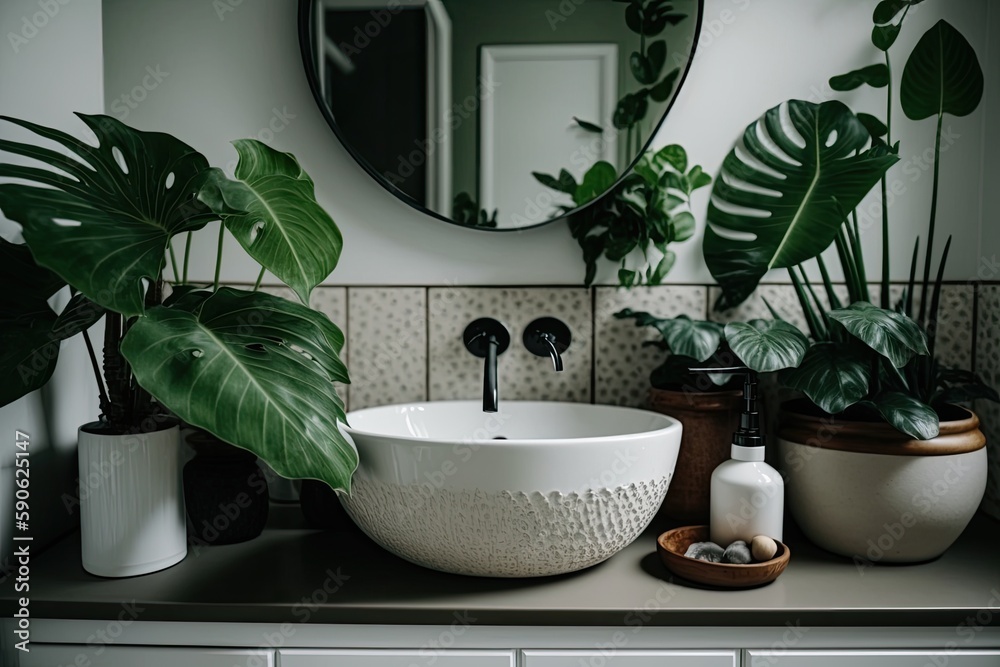 Wall mural There are wonderful green plants near the vessel sink countertop in the bathroom. design elements for interiors. Generative AI