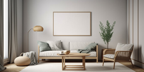 one big mock up wall decor frame is hanging in minimal style, empty frame in living room.