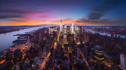 Aerial view of a colorful and vibrant city at night with a stunning cityscape, urban skyline, and towering skyscrapers. Ai generative.