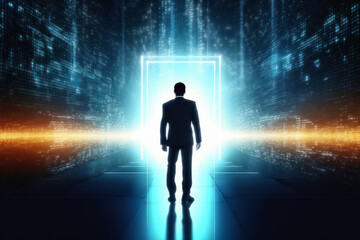 AI Artificial Intelligence, technology concept. Businessman walking into metaverse world with blue glowing technology. Futuristic suit, standing in front of bright data and binary code. Ai generative.