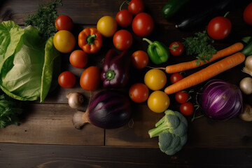 Fresh Vegetables on Wooden Table with Tomatoes Ai generative.
