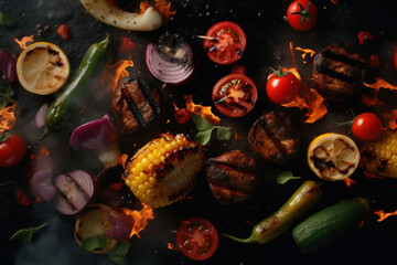 Grilled vegetables on a barbecue with juicy tomatoes and onions - perfect for healthy eating. Ai generative.