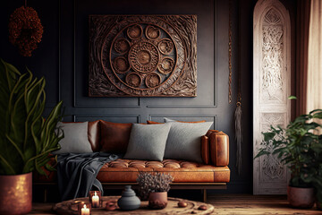 A cozy and inviting living room with colorful ethnic decor.