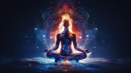 Concept of meditation and spiritual practice, expanding of consciousness, chakras and astral body activation, mystical inspiration image. Generative ai