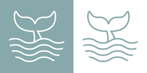 Logo Nautical. Cola de ballena lineal con olas de mar