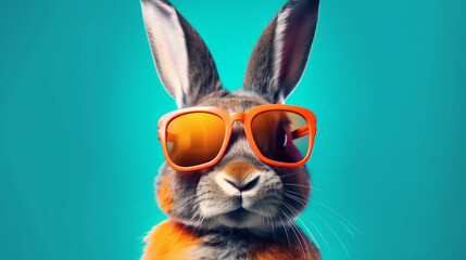 Plakat Cool bunny with sunglasses on colorful background. Generative ai