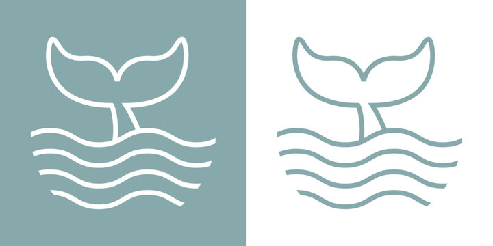 Logo Nautical. Cola de ballena lineal con olas de mar