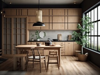 Interior of modern japandi kitchen with wooden walls, black lamp, wooden floor, dark wooden countertops and cupboards. Generative ai design idea