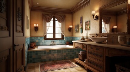 Interior of a luxury bathroom in classic mediterranean style with blue tiles, lamps and a window, generative ai design idea