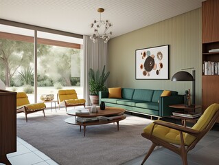 Interior of mid-century modern inspired living room with green sofa and yellow pillows and armchairs. generative ai design idea