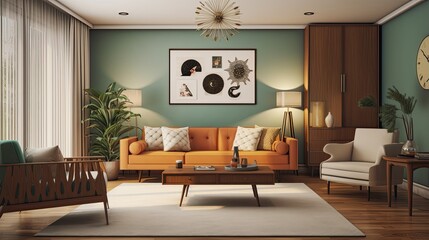 Interior of mid-century modern inspired modern living room with green walls, wooden floor, orange sofa and armchairs.. Generative ai design idea