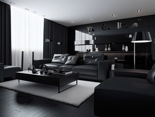 Black modern living room with black sofa and black coffee table. Generative ai design idea