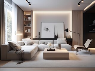 Interior of modern scandinavian living room with white sofas, coffee table, bookcase and big wall art. Generative ai design idea