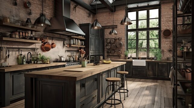 Interior of dark industrial kitchen in a loft with a beautiful design and plants. Generative ai