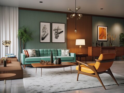 Interior of mid-century modern inspired living room with mint blue sofa, green wall, wall art and wooden furniture. Generative ai design idea