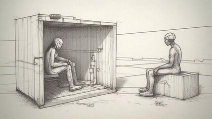 Drawing of a man and a woman in a prison cell.