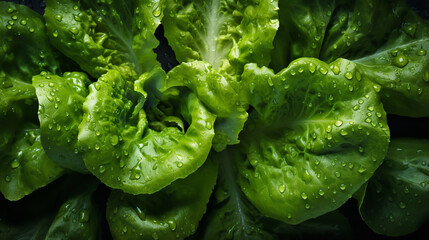 A close up of a bunch of lettuce with water droplets