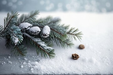 Fir Branches Arranged in a Winter Display on a Snow-Covered Table. Generative AI
