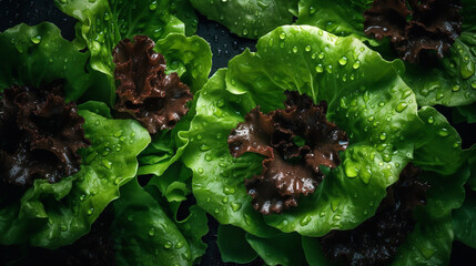 A close up of a bunch of lettuce with water droplets - obrazy, fototapety, plakaty