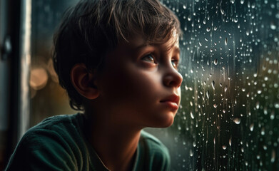 Kleiner Junge beobachtet das Wetter am Fenster, Generative AI