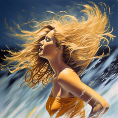 Dynamische Illustration einer blonden Frau am Meer, Generative AI