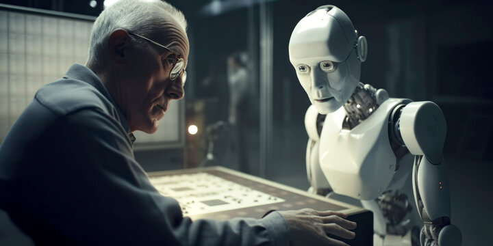 Ältere Mann arbeitet mit einem Roboter, Generative AI