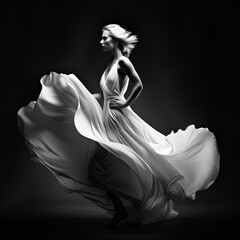 Blonde Frau im weißen Kleid, Dynamische Bewegung, Monochrome, Generative AI