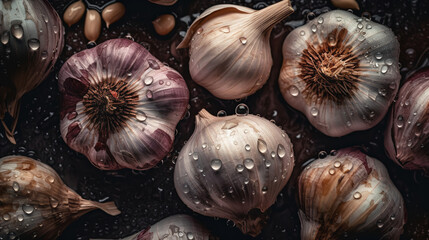 Hyperrealistic Dark-Toned Garlic Macro Photograph: Wet from Rain with Realistic Illustration and Dew Drops for Stunning Product Presentation