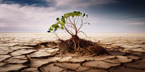 Junge Pflanze durchbricht den Wüstenboden, Konzeptfoto „Wir schaffen den Klimawandel zu stoppen“ , Generative AI